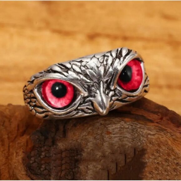 BOGO Vintage Silver Stainless Steel RED Eye Owl Ring Nickel Free Halo animal - Picture 2 of 2